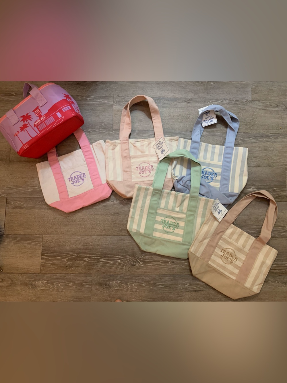 Trader Joe’s mini bags, cooler bag and 3 Pastel Stripe Tote Bag NWT
